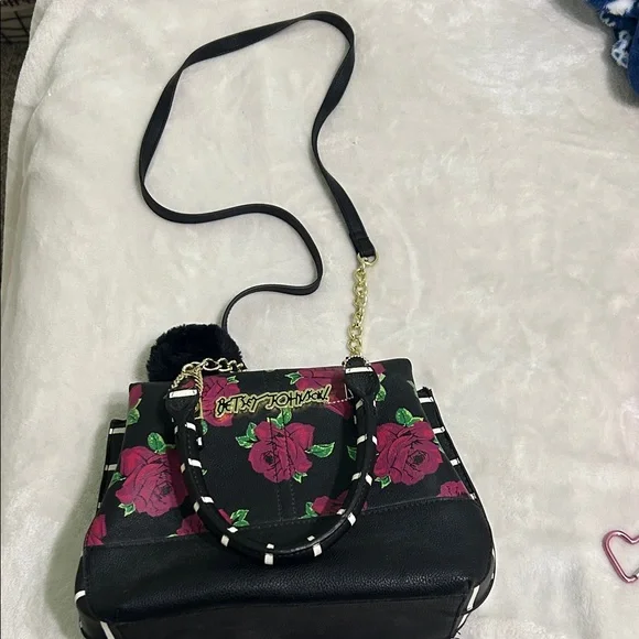 Betsey Johnson Black purse with Pink Floral Design - Picture 2 of 5